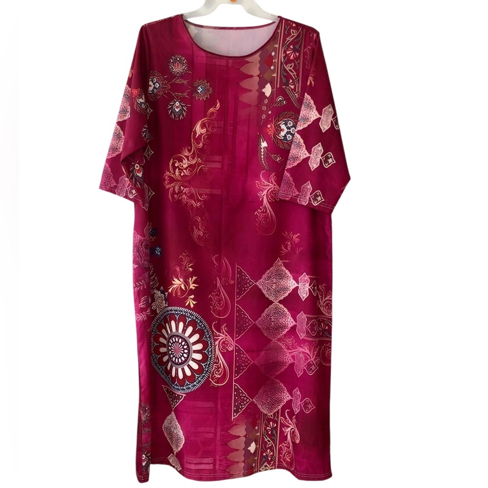 Elegant Women's Magenta Printed Kaftan Tunic Dress